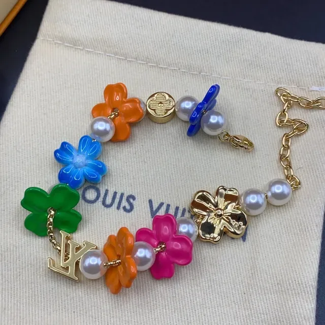 Louis Vuitton Multicolor Gold Floral Enamel Charms Cultured Pearl Accents Bracelet 1