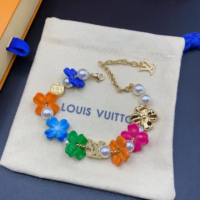 Louis Vuitton Multicolor Gold Floral Enamel Charms Cultured Pearl Accents Bracelet 6