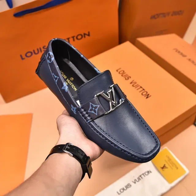 Louis Vuitton Navy Blue Leather Monogram-Lined Loafer 6