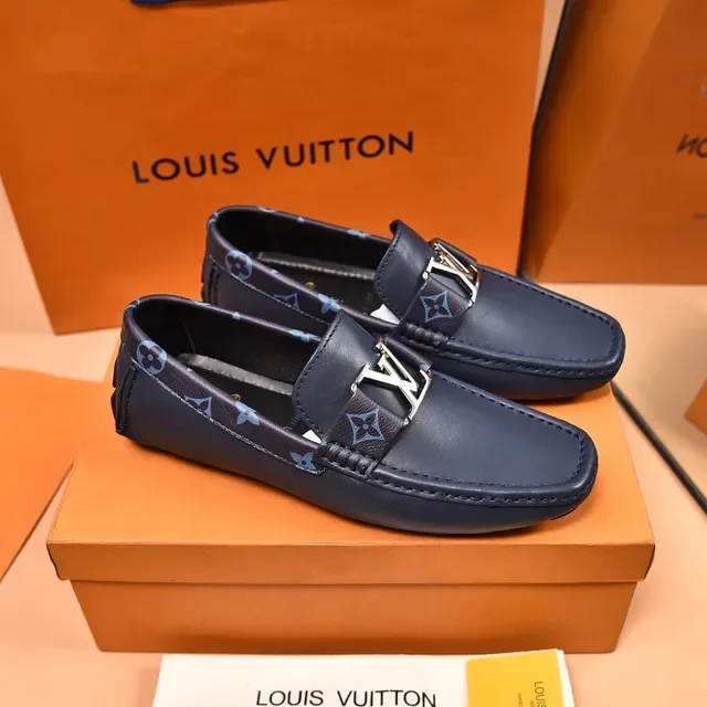 Louis Vuitton Navy Blue Leather Monogram-Lined Loafer 8
