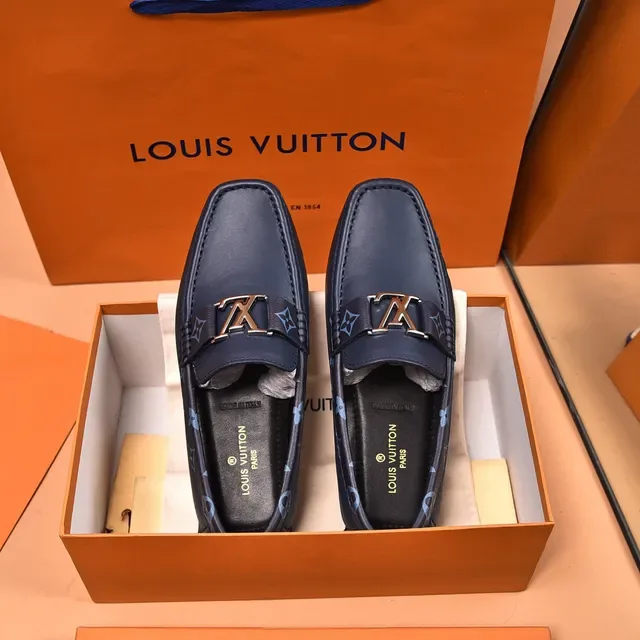 Louis Vuitton Navy Blue Leather Monogram-Lined Loafer 9