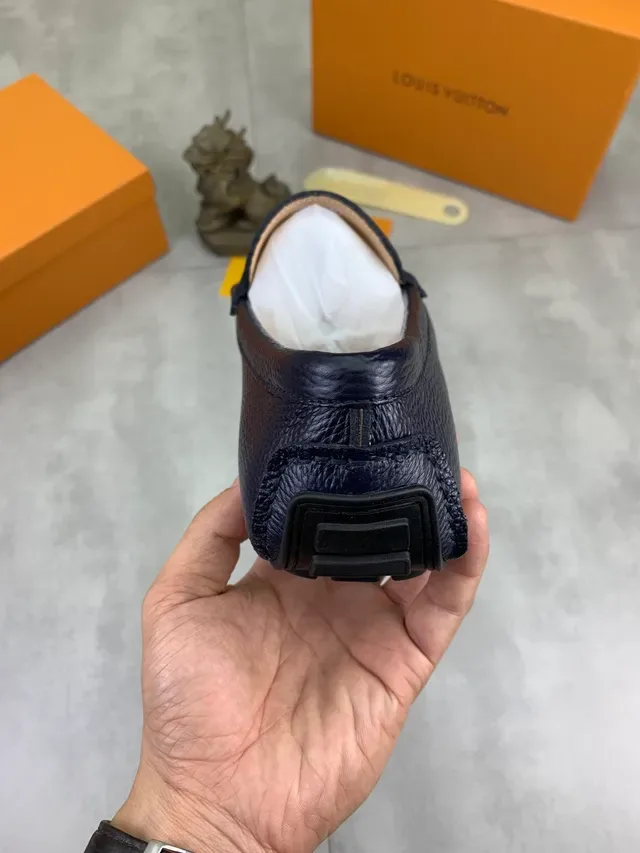 Louis Vuitton Navy Silver Pebbled Leather Metal LV Logo Loafer 3