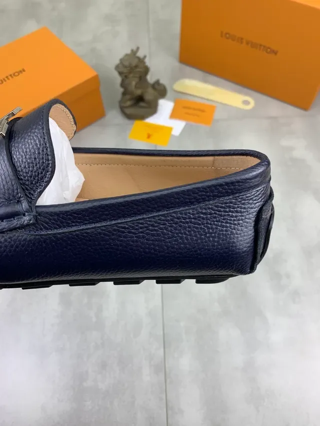 Louis Vuitton Navy Silver Pebbled Leather Metal LV Logo Loafer 4