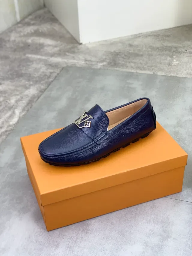 Louis Vuitton Navy Silver Pebbled Leather Metal LV Logo Loafer 5
