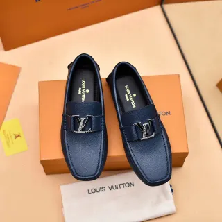Louis Vuitton 海军蓝 银色 纹理皮革 LV Monogram 扣 乐福鞋