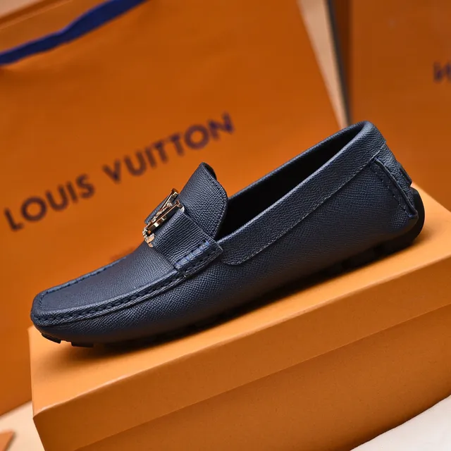 Louis Vuitton Navy Silver Textured Leather LV Monogram Buckle Loafer 5
