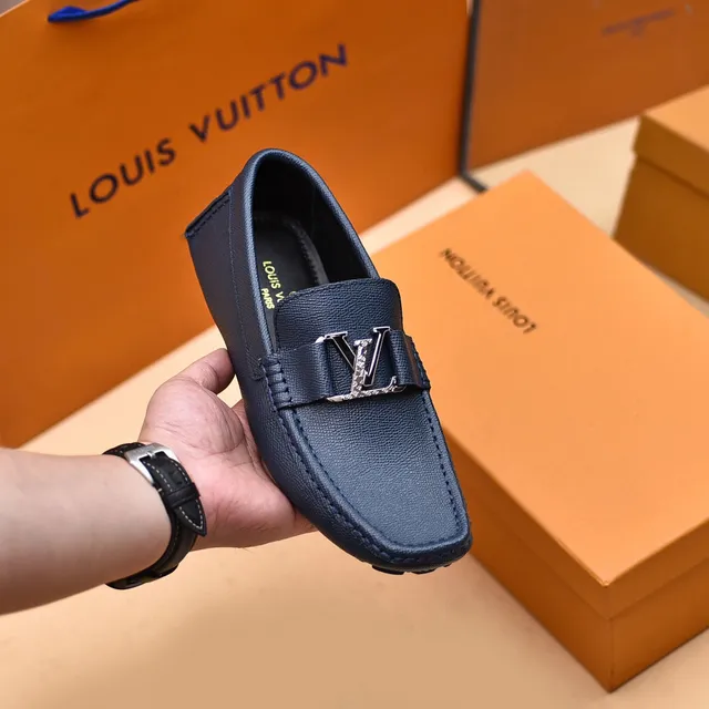 Louis Vuitton Navy Silver Textured Leather LV Monogram Buckle Loafer 6