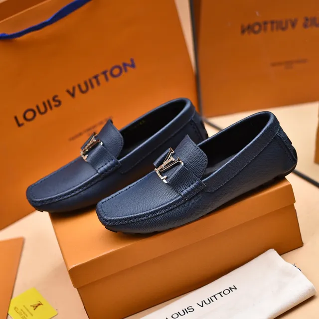 Louis Vuitton Navy Silver Textured Leather LV Monogram Buckle Loafer 7