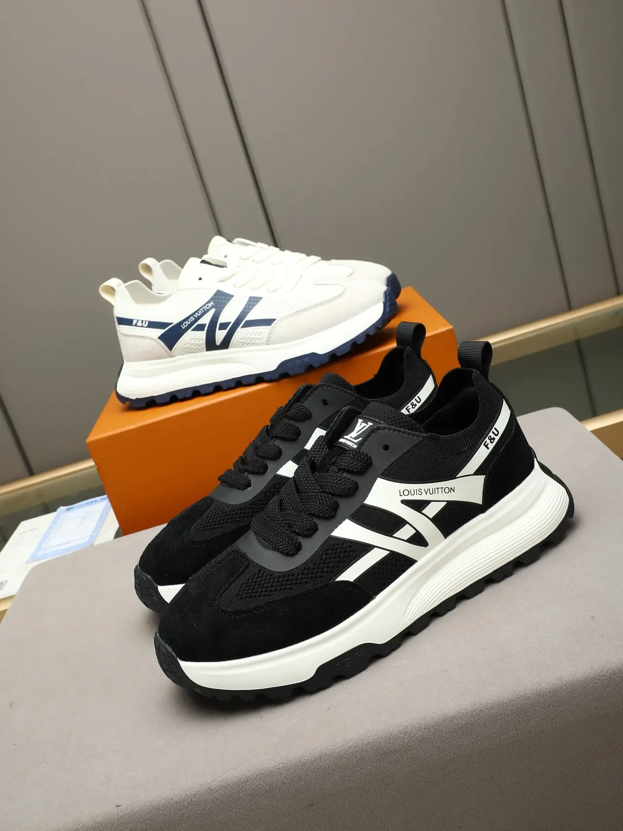Louis Vuitton Off-White and Navy Mesh Suede Sneaker 2