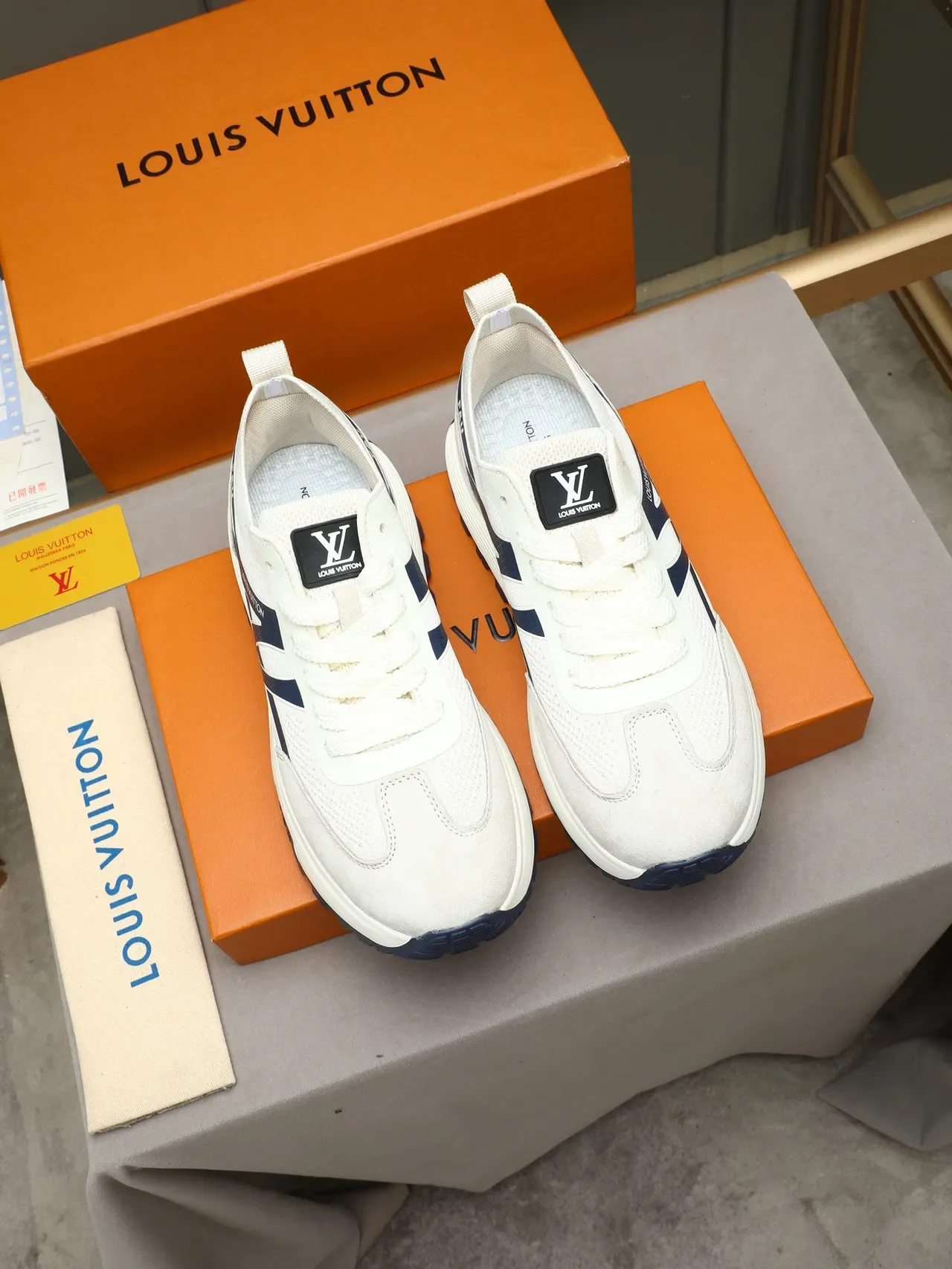 Louis Vuitton Off-White and Navy Mesh Suede Sneaker 3