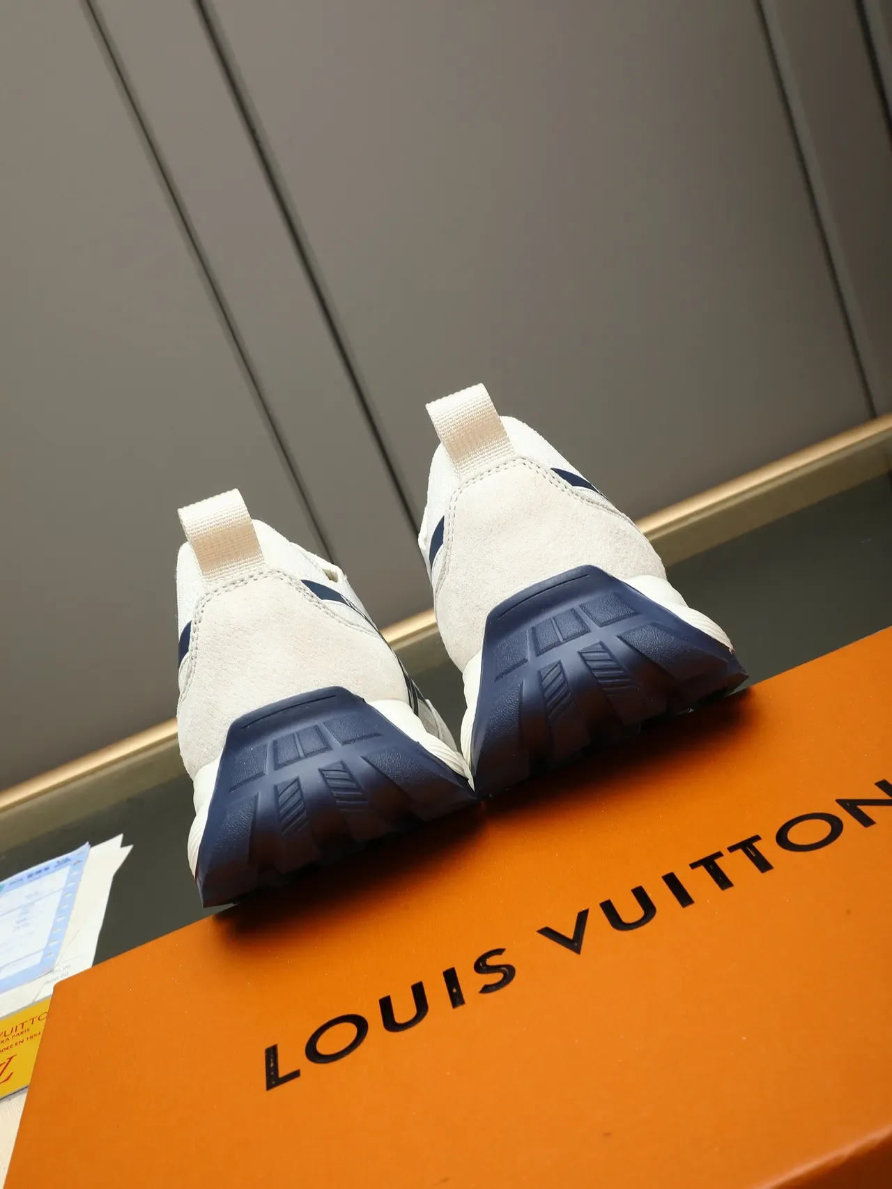 Louis Vuitton Off-White and Navy Mesh Suede Sneaker 4