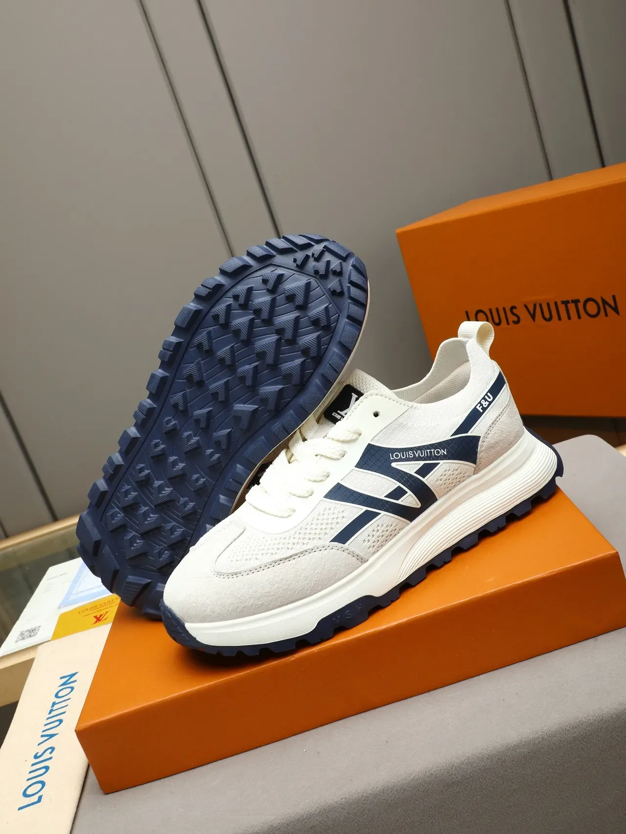 Louis Vuitton Off-White and Navy Mesh Suede Sneaker 5