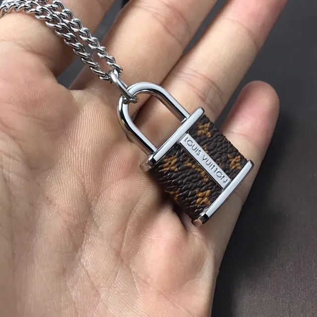 Louis Vuitton Padlock Pendant Brown Silver Monogram Canvas Necklace 2