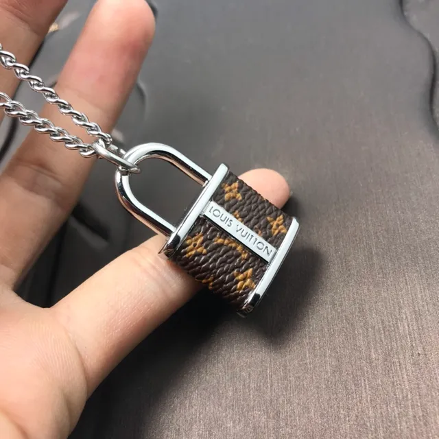 Louis Vuitton Padlock Pendant Brown Silver Monogram Canvas Necklace 3