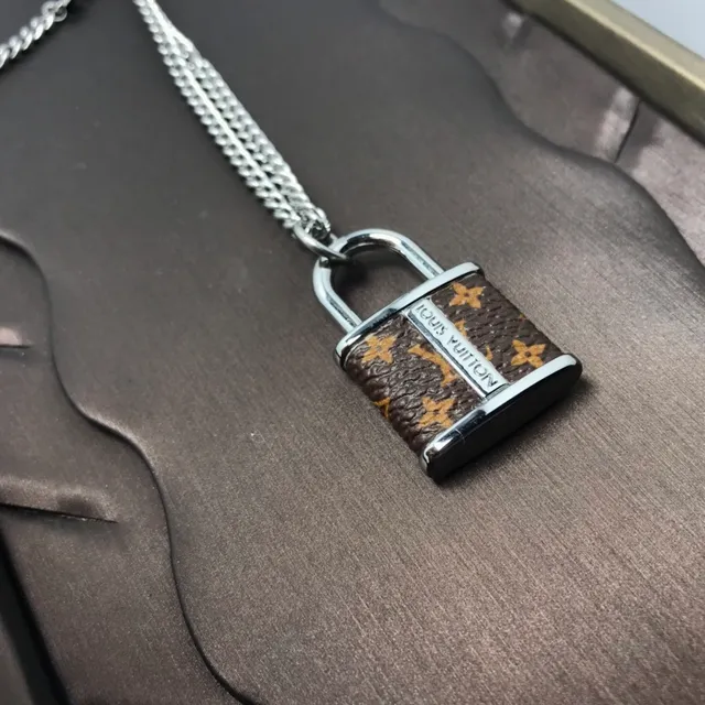 Louis Vuitton Padlock Pendant Brown Silver Monogram Canvas Necklace 4