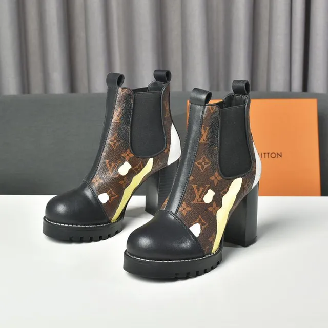 Louis Vuitton Botte de cheville monogramme peint marron noir toile éclaboussure de peinture accent chaussures de cheville 4