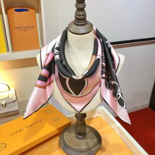 Louis Vuitton गुलाबी काला वर्गाकार फूलों की मुद्रण रेशम स्कार्फ