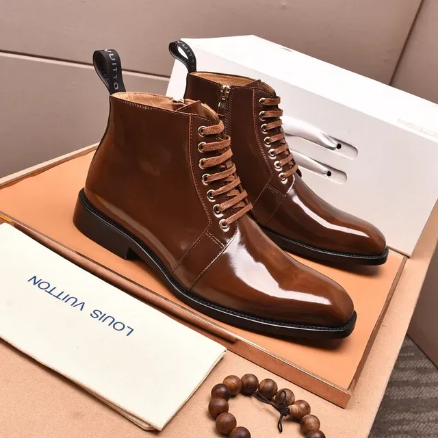 Louis Vuitton Polished Brown Lace-Up Ankle Boots 8