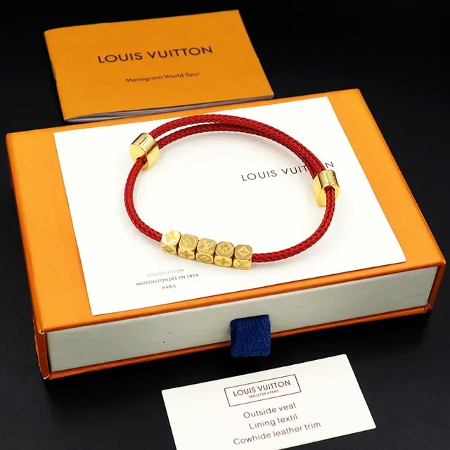 Louis Vuitton Red Gold Braided Cord Cube Beads Bracelet 9
