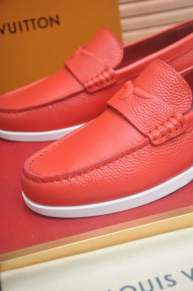 Louis Vuitton Red White Pebbled Leather Penny Strap Loafer 5