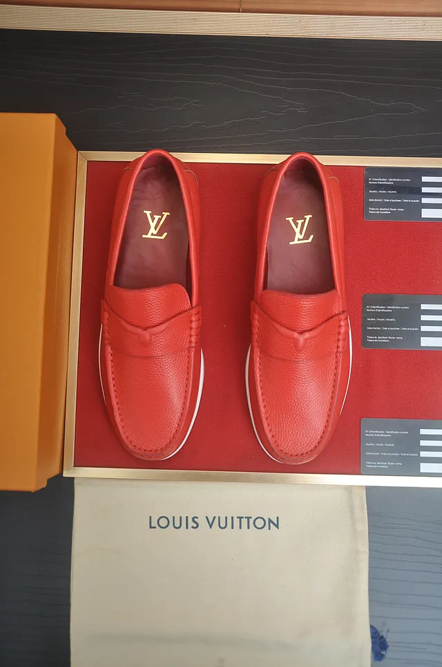 Louis Vuitton Red White Pebbled Leather Penny Strap Loafer 4