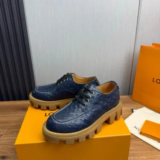 Louis Vuitton Run Away Navy Beige Monogram-Embossed Leather Chunky Lug Sole Oxford Shoes