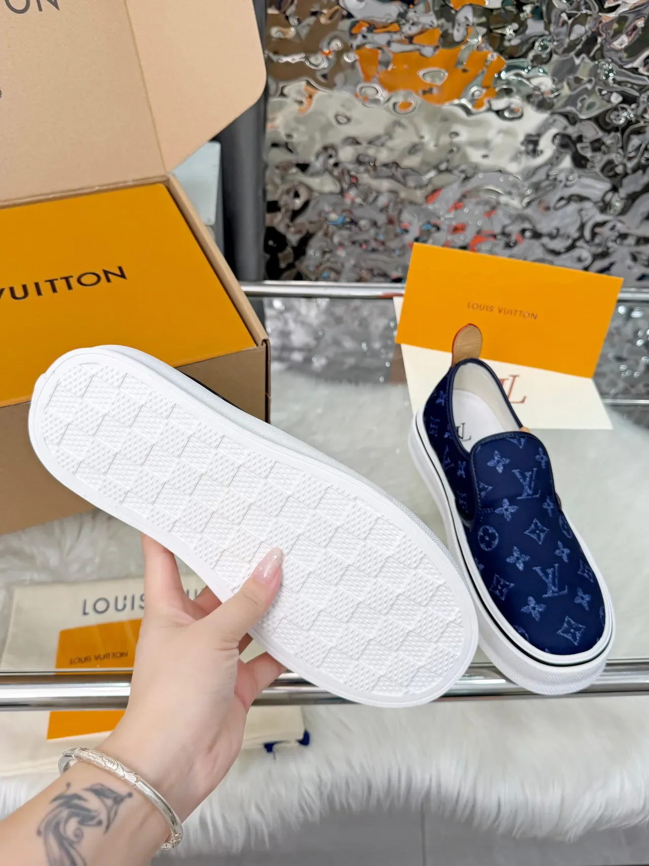 Louis Vuitton Run Away Navy White Monogram Canvas Slip-On Lifestyle Sneakers 2