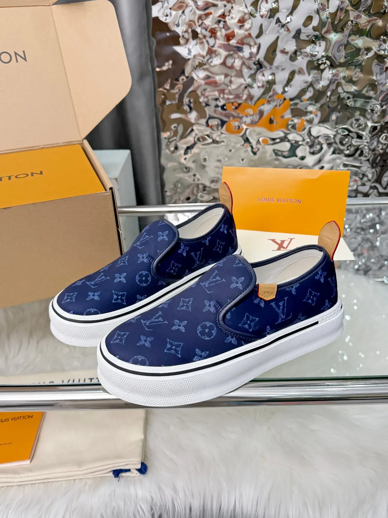 Louis Vuitton Run Away Navy White Monogram Canvas Slip-On Lifestyle Sneakers 4