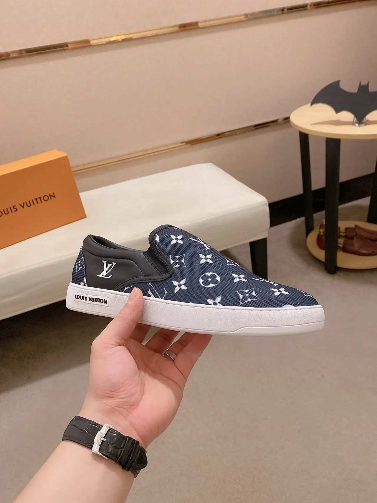 Louis Vuitton Run Away Navy White Slip-On Monogram Canvas Lifestyle Sneakers 4
