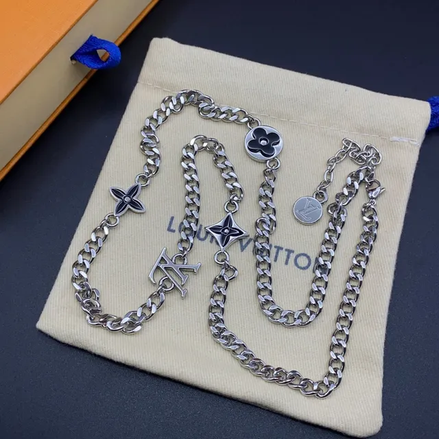Louis Vuitton Silver Black Curb Chain Multi-Charm Pendant Design Necklace 4