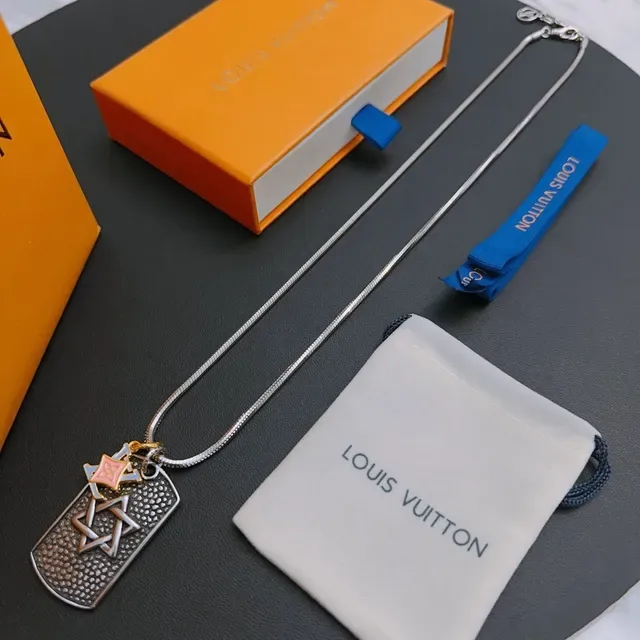 Louis Vuitton Silver Snake Chain Dog-Tag Pendant Necklace 6