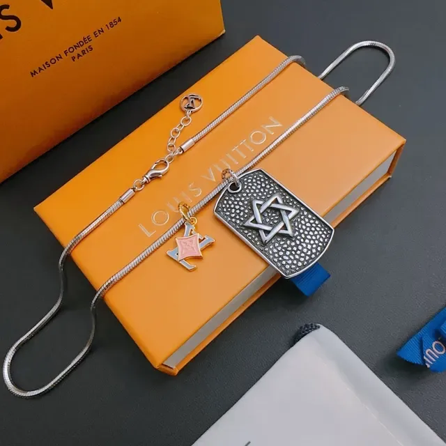 Louis Vuitton Silver Snake Chain Dog-Tag Pendant Necklace 8