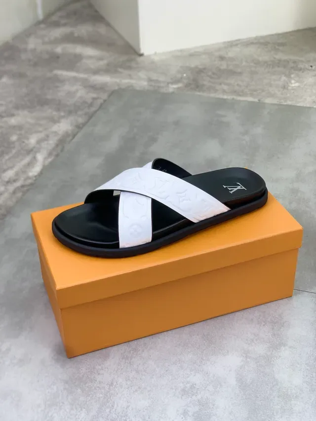 Louis Vuitton Slide Black White Crisscross Monogram Straps Embossed LV Motif Slippers 3