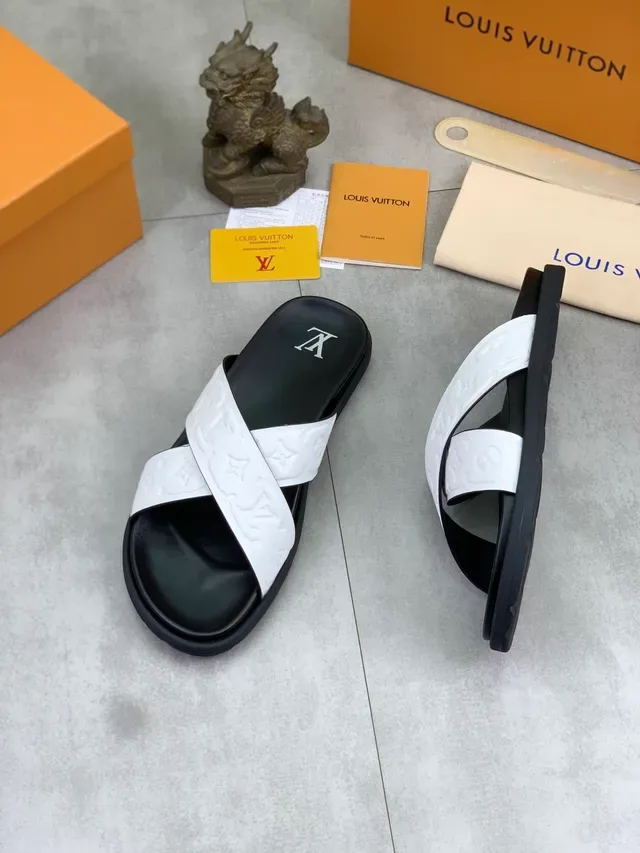 Louis Vuitton Slide Black White Crisscross Monogram Straps Embossed LV Motif Slippers 4