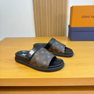 Louis Vuitton Slide Brown Black Monogram Canvas Leather Strap Slippers