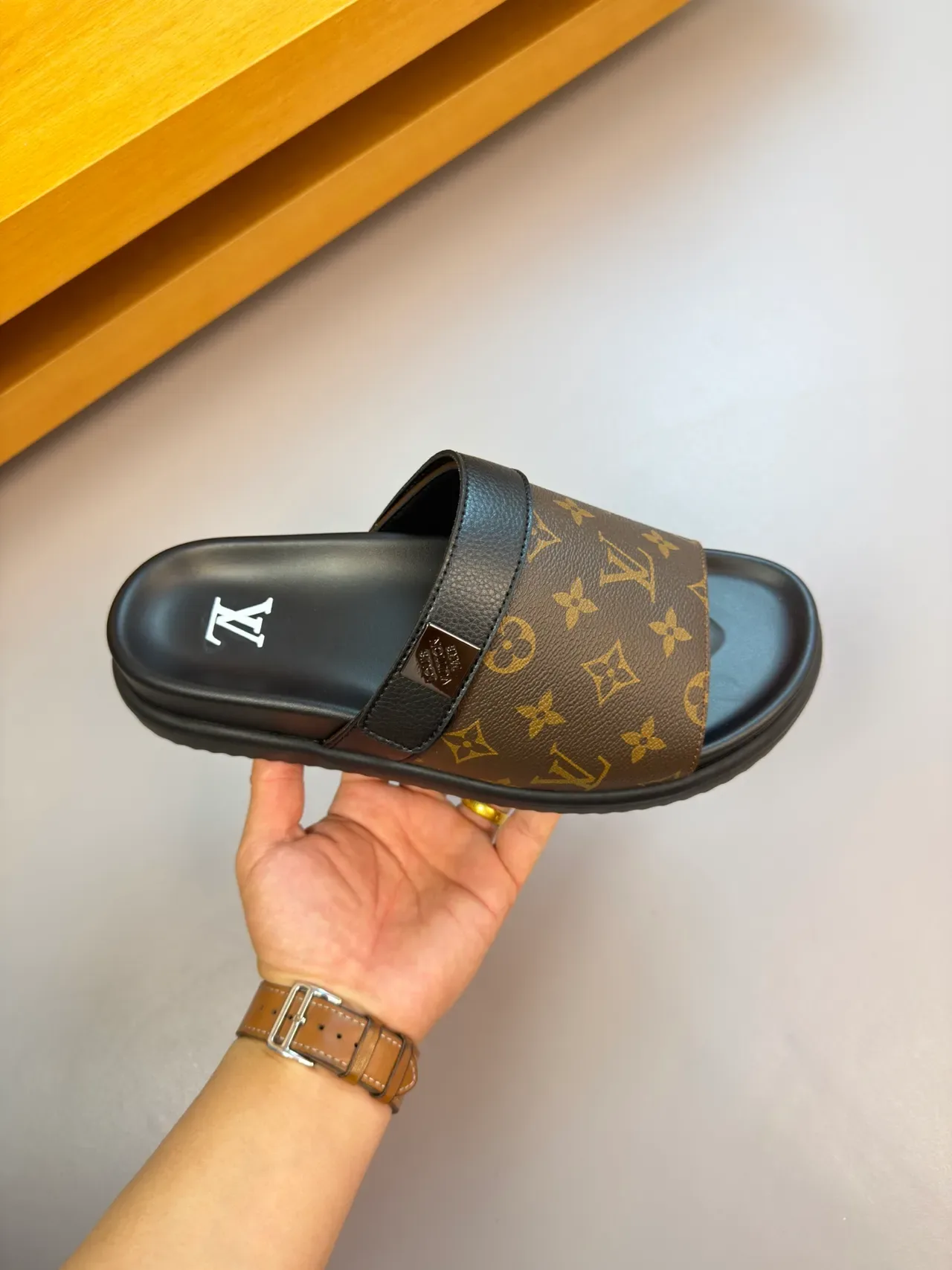 Louis Vuitton Slide Brown Black Monogram Canvas Leather Strap Slippers 4