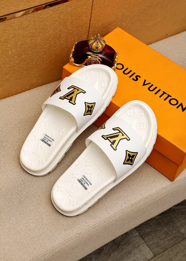 Louis Vuitton Slide Blanc Or Semelle en Caoutchouc Moulé Dessous avec Monogramme Embossé Chaussons 2