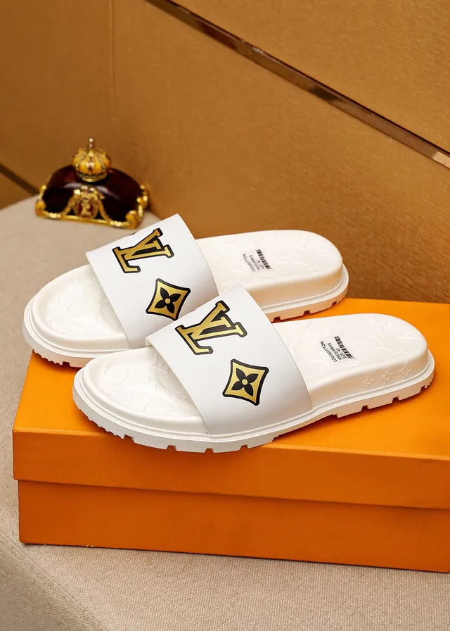 Louis Vuitton Slide Blanc Or Semelle en Caoutchouc Moulé Dessous avec Monogramme Embossé Chaussons 3