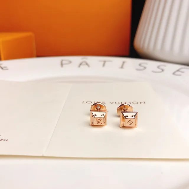 Louis Vuitton Square Stud Gold Silver Monogram-Engraved Earrings 4