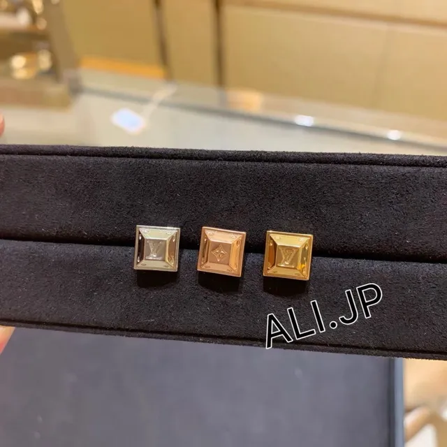 Louis Vuitton Square Stud Gold Silver Monogram-Engraved Earrings 5