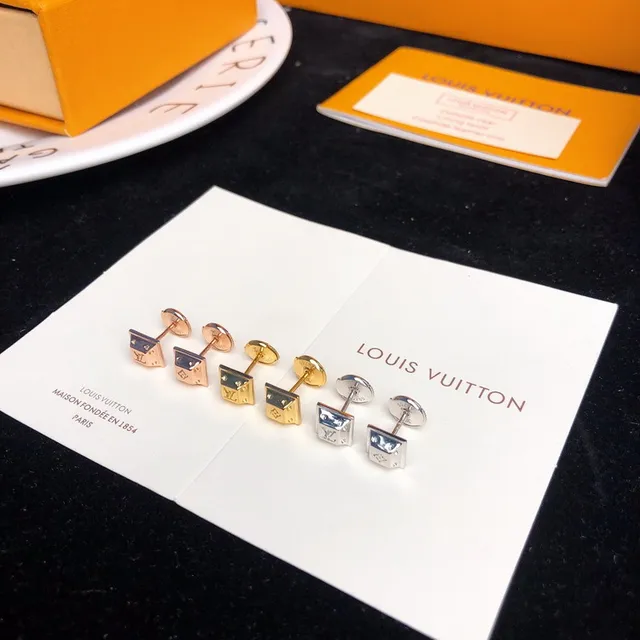 Louis Vuitton Square Stud Gold Silver Monogram-Engraved Earrings 7