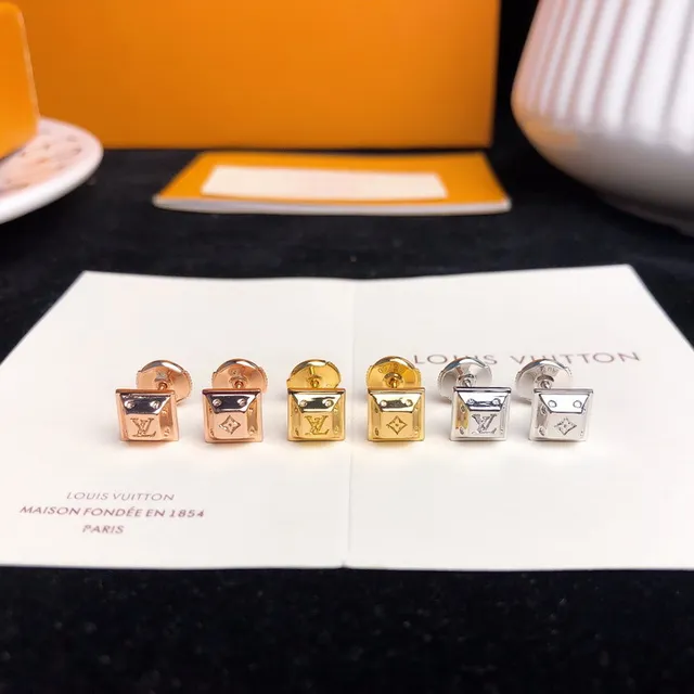 Louis Vuitton Square Stud Gold Silver Monogram-Engraved Earrings 8