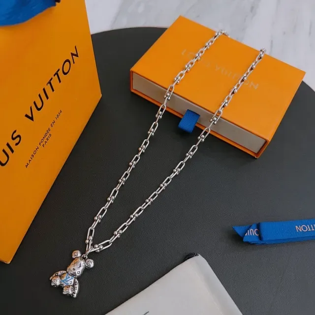 Louis Vuitton Teddy Bear Monogram Enamel Silver Necklace 5