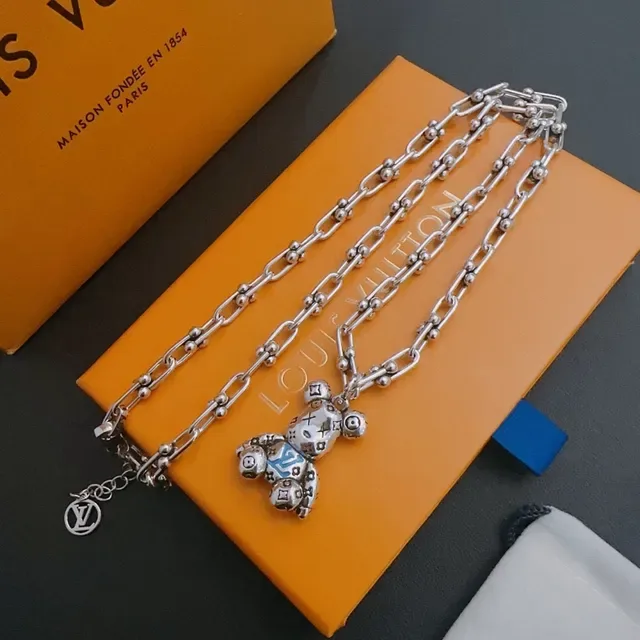 Louis Vuitton Teddy Bear Monogram Enamel Silver Necklace 6