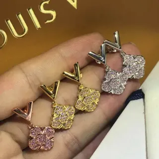 Louis Vuitton V Flower Gold Pink Posts Pavé Crystal Floral Pendants Earrings