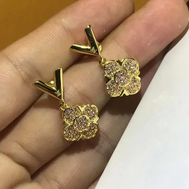Louis Vuitton V Flower Gold Pink Posts Pavé Crystal Floral Pendants Earrings 2