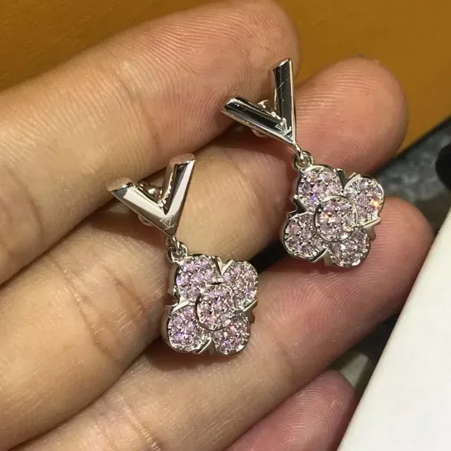 Louis Vuitton V Flower Gold Pink Posts Pavé Crystal Floral Pendants Earrings 3