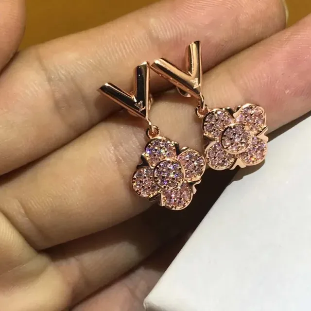 Louis Vuitton V Flower Gold Pink Posts Pavé Crystal Floral Pendants Earrings 4