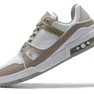 Louis Vuitton White Beige Layered Leather And Synthetic Upper Asymmetrical Strap Detailing Lifestyle Sneakers