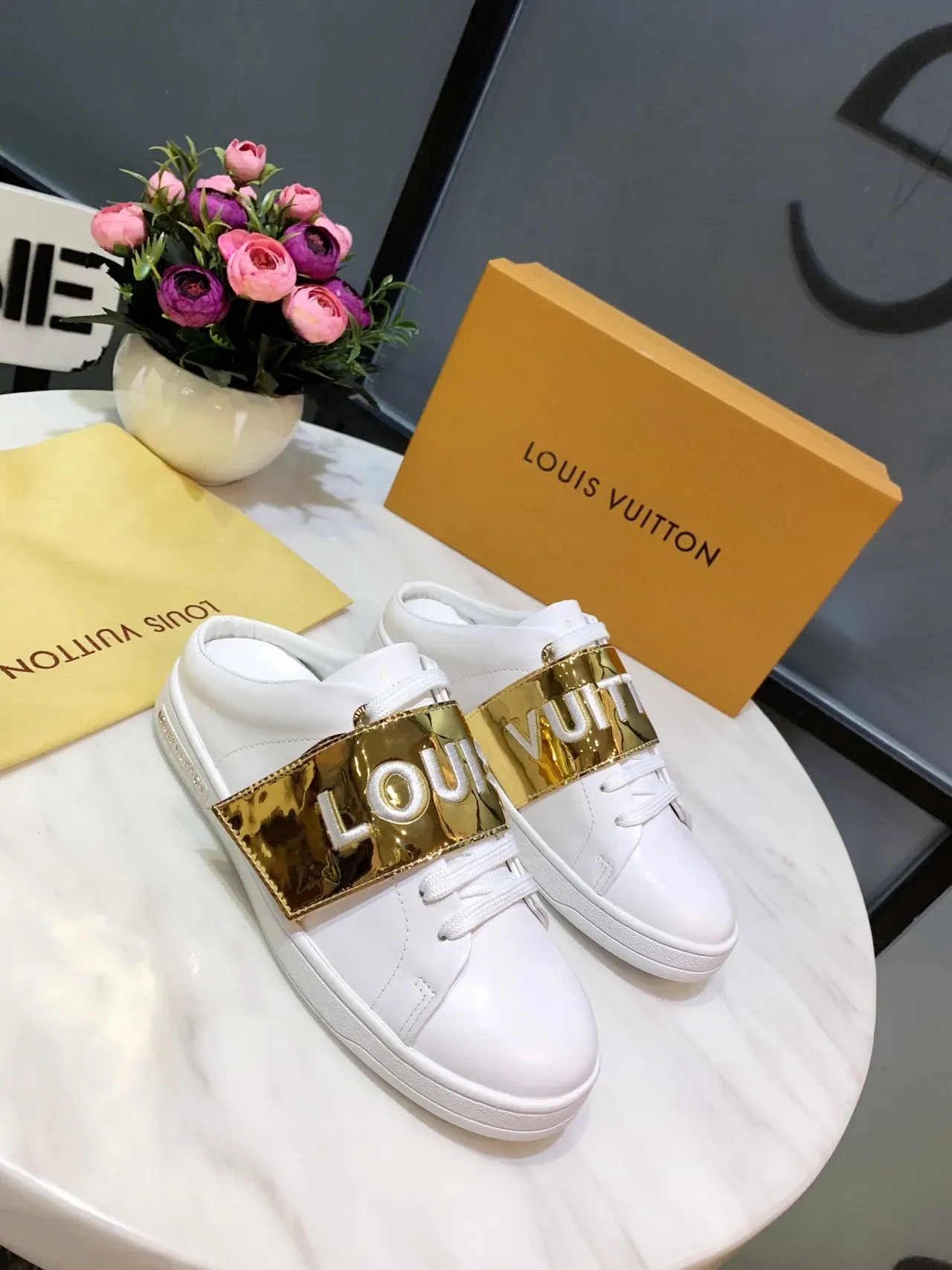 Louis Vuitton White Gold Smooth Leather Metallic Strap Lifestyle Sneakers 5